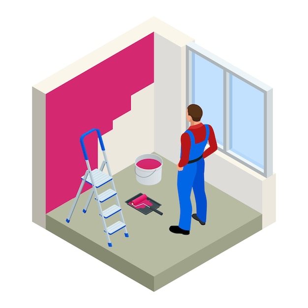 Paintroller isométrico pintando parede branca com tinta vermelha de rolo. Ilustração em vetor moderno 3d plana. Paintroller, ocupações de pessoas, profissão.