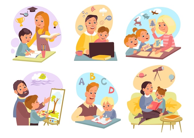 Pais aprendendo crianças Mães e pais ajudam as crianças a fazer os trabalhos de casa Personagens adultos e estudantes Família estudando juntos Educação à distância Ler livros Pintar imagens Esplêndido conjunto de vetores