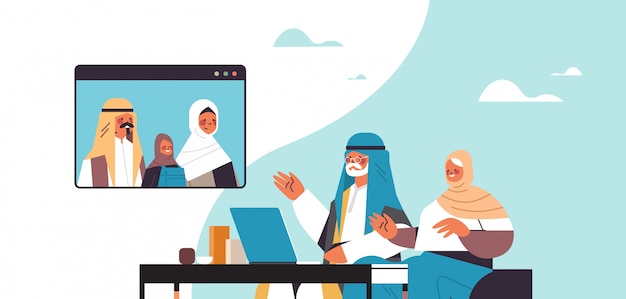 pais árabes e filha tendo reunião virtual com os avós durante vídeo chamada família bate-papo comunicação conceito retrato horizontal ilustração