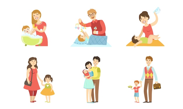 Pais Atividades diárias de rotina Mães e pais que cuidam de seus filhos Maternidade e afastamento Ilustração vetorial conceitual