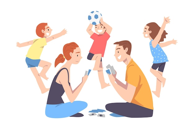 Pais Calmos e Crianças Malvados Pai e Mãe Jogando Jogo de Tabuleiro entre Correndo Crianças Maus Ilustração vetorial de estilo de desenho animado