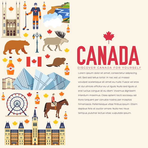 País Canadá viagem guia de férias de mercadorias. Conjunto de arquitetura, moda, pessoas, itens, natureza.