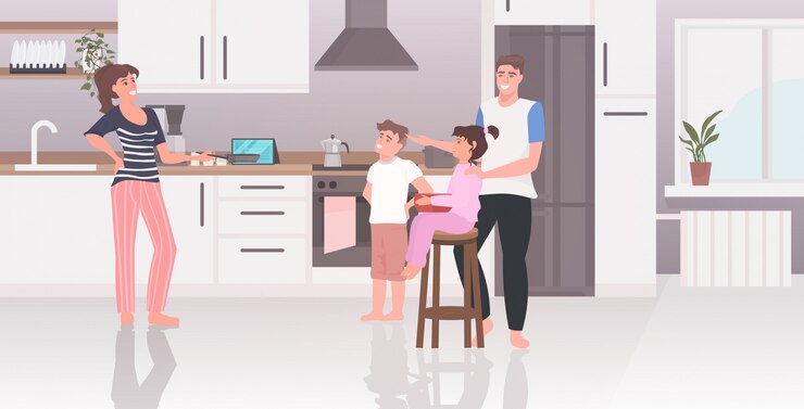 Vetor pais com filhos preparando comida família passar algum tempo juntos cozinha moderna interior horizontal