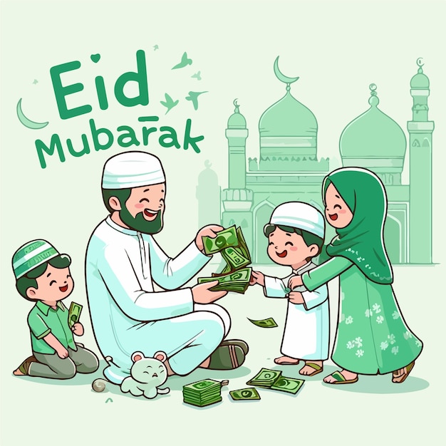 Pais dando salame aos seus filhos e desejando Eid Mubarak um ao outro.