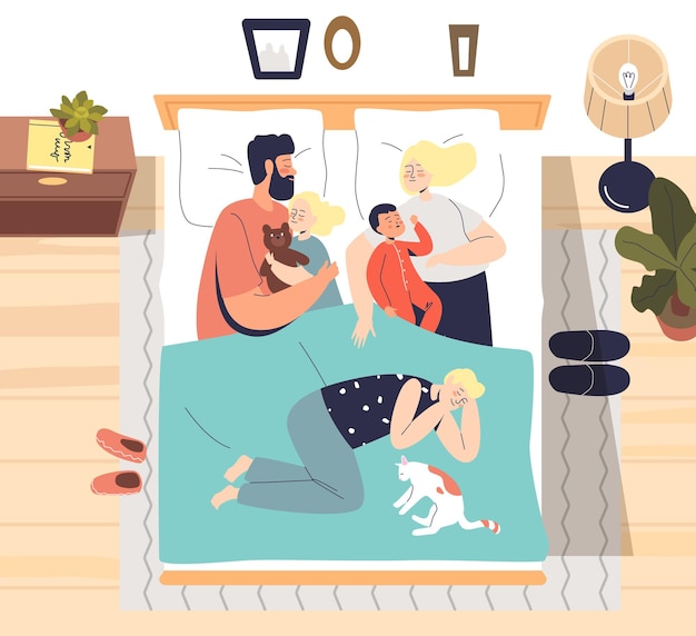 Vetor pais dormindo com crianças pequenas em uma cama
