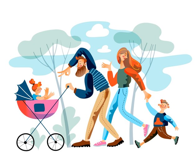 Pais e filhos andando juntos no parque pai com filha no carrinho mãe segura a mão do filho