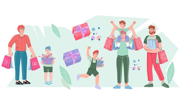 Pais e filhos em família fazendo compras Banner do dia dos pais com homens e meninos alegres comprando presentes