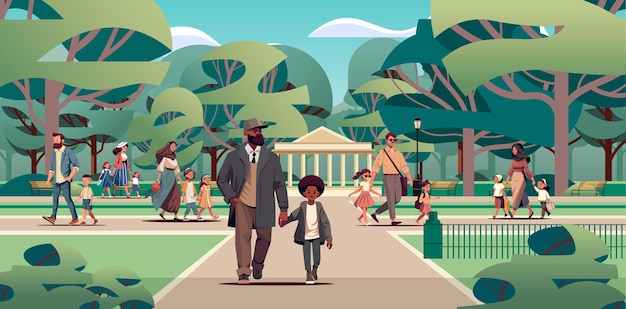Pais e filhos pequenos caminhando juntos no parque pessoas realizando atividades de lazer ao ar livre