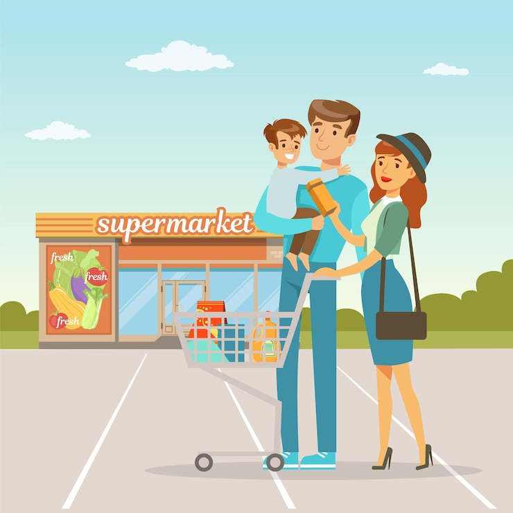 Vetor pais e seu filho pequeno em frente ao prédio do supermercado com carrinho de compras pessoas compras conceito vetor ilustração em estilo simples