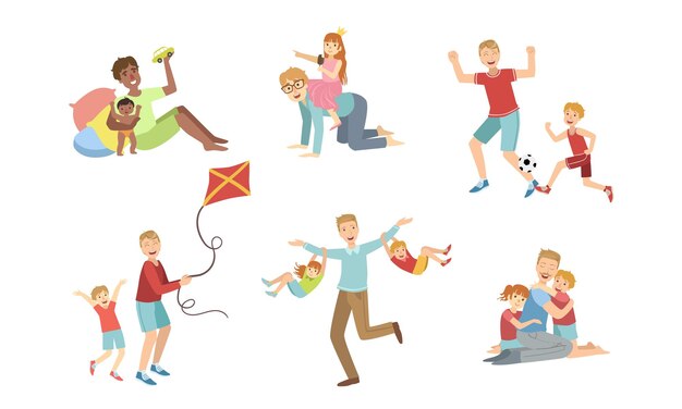 Pais e seus filhos se divertindo juntos Set pais felizes brincando fazendo esportes se divertindo com seus filhos Ilustração vetorial