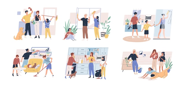 Pais felizes com crianças limpando quartos e janelas. Família fazendo tarefas domésticas juntos. Limpeza de primavera. Conjunto de cenas isoladas no fundo branco. Ilustração vetorial no estilo cartoon plana.