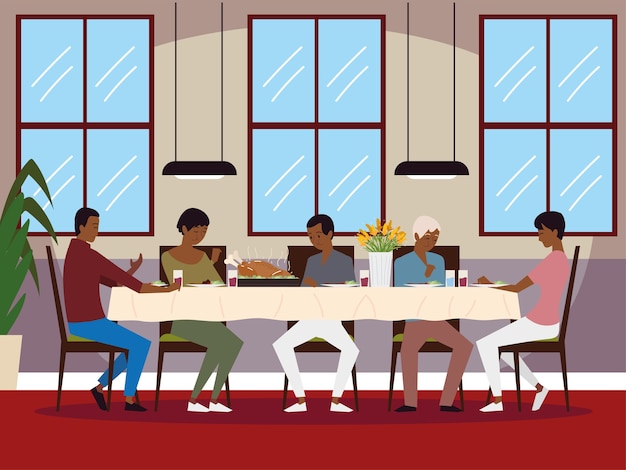 Pais, filhos e avô sentados à mesa comendo ilustração