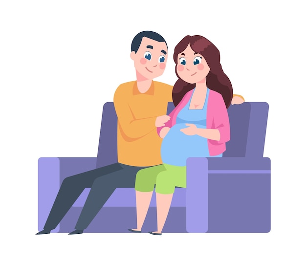 Pais jovens em casa Futuro pai e mulher grávida sentada no sofá Pessoas esperando o parto Marido apoia a esposa no período de gravidez Casal de vetores passando tempo juntos