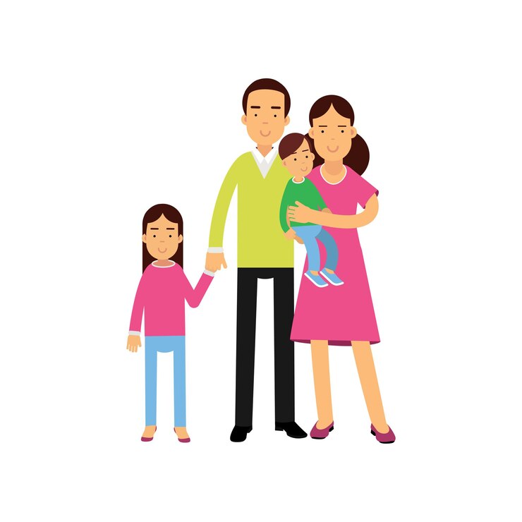 Vetor pais jovens em pé com seus dois filhos, ilustração de vetor de conceito de família feliz isolado em um fundo branco