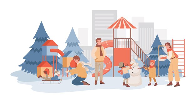 Pais passando um tempo juntos com seus filhos na ilustração plana do playground de inverno
