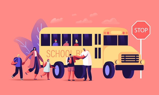 Pais, personagens, expulsam as crianças pequenas para o ônibus escolar, de volta às aulas no conceito de pandemia de Coronavirus. Alunos usando máscaras e mochilas embarcando no transporte. Ilustração em vetor desenho animado