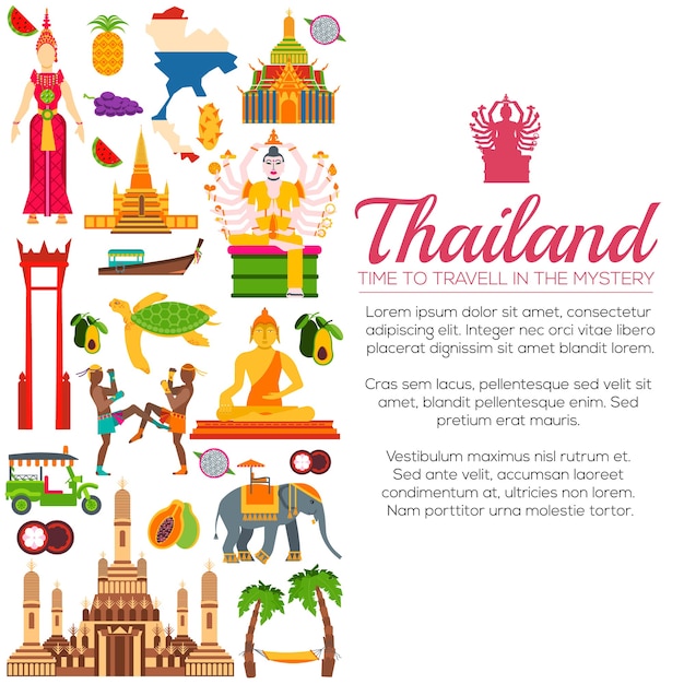 País tailândia viajar guia de férias de mercadorias. conjunto de arquitetura, moda, pessoas, itens, natureza.