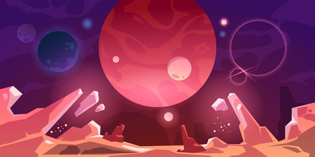 Paisagem alienígena Vista do chão ao céu escuro com planetas Relevo montanhoso cósmico Panorama galáctico futurista Espaço interestelar Ilustração vetorial de cenário extraterrestre