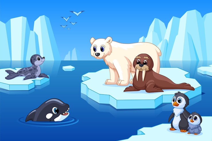 Vetor paisagem ártica glaciar do pólo norte selo de urso polar e morsa no gelo iceberg de paisagem da antártida no oceano ou mar congelamento de inverno fundo vetorial berrante