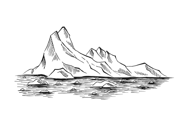 Paisagem ártica montanhas geladas iceberg ilustração desenhada à mão convertida em vetor