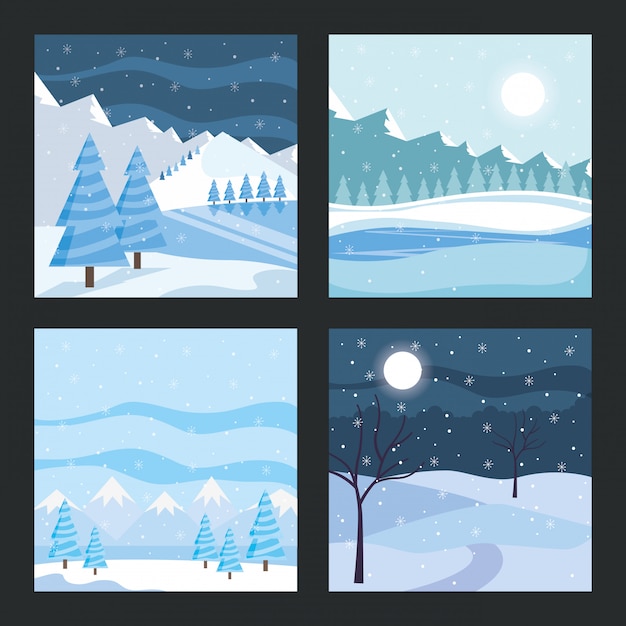 Paisagem azul do inverno com cartões de árvores