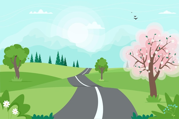 Paisagem bonita da estrada da primavera com montanhas. ilustração em estilo simples