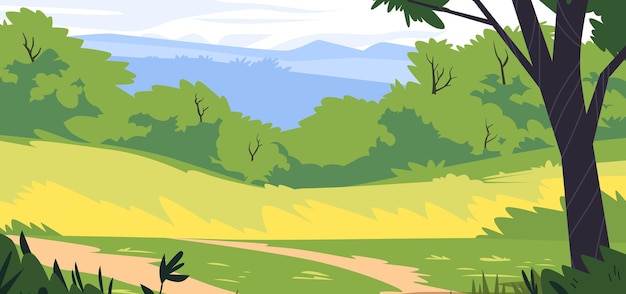 Paisagem cênica com colinas e árvores verdes exuberantes Caminho que leva através de campos e florestas em primeiro plano Montanhas à distância Cores brilhantes e vibrantes