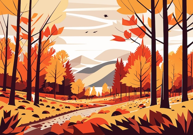 Vetor paisagem cênica de outono do horizonte dourado com caminho de folhagem e árvore