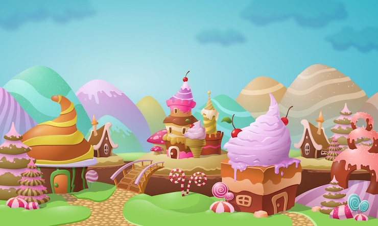 Vetor paisagem colorida da cidade de doces com confeitaria e sorvete girando em casas de pão de gengibre e biscoitos decoradas com doces contra colinas de ovo de páscoa coloridas, ilustração vetorial