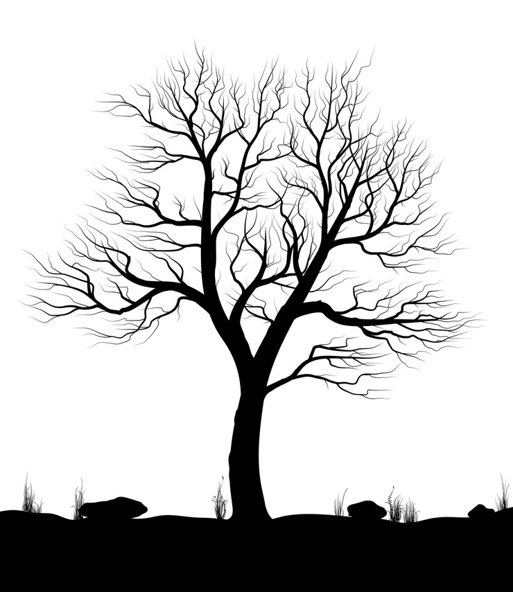 Vetor paisagem com árvore velha e grama sobre fundo branco ilustração em vetor preto e branco