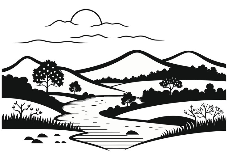 Paisagem com árvores e colinas Ilustração em vetor estilo plano preto e branco
