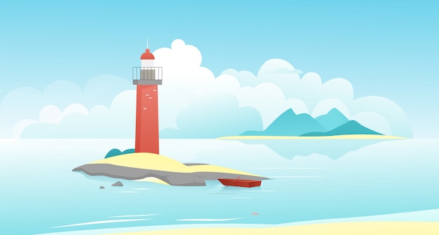 Paisagem com ilustração de farol. desenho de paisagem natural pacífica, farol na cênica ilha de pedra e barco de pesca atracado, água do mar calma, montanhas no horizonte, fundo de paisagem marinha