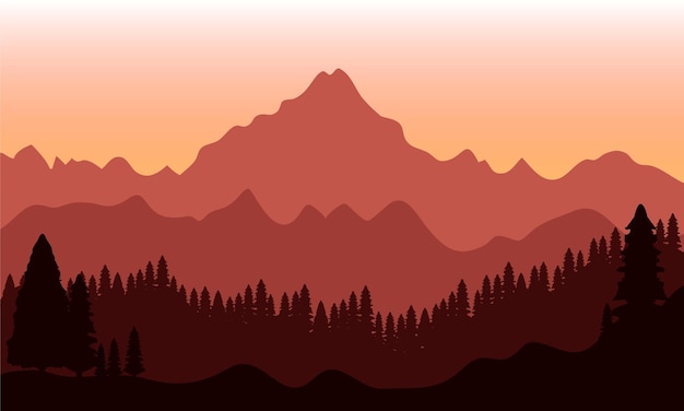 Vetor paisagem com ilustração de silhueta de montanha e pinheiro
