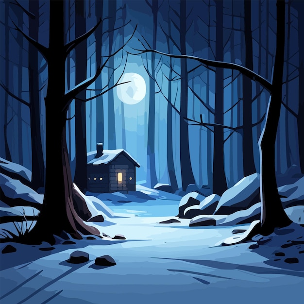 Vetor paisagem com noite enluarada, floresta negra misteriosa e escura e uma casa de campo no inverno
