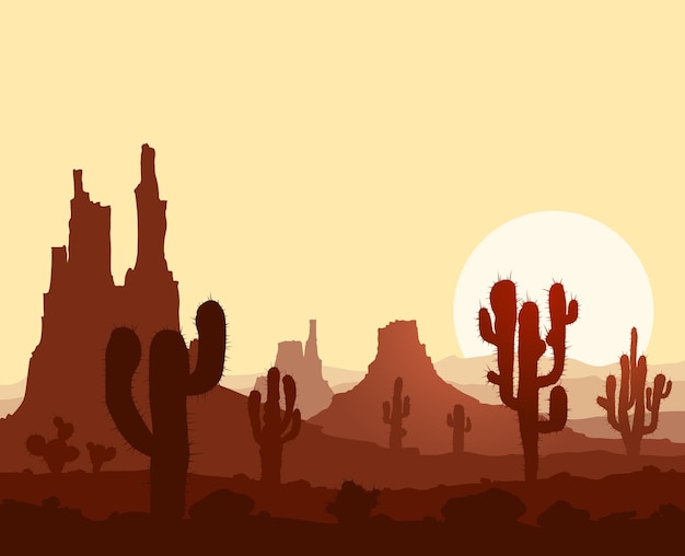 Paisagem com pôr do sol no deserto de pedra com cactos e montanhas. Ilustração vetorial.