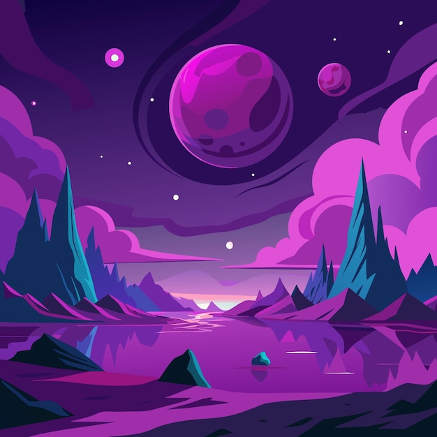 Paisagem Cósmica com Planetas e Montanhas