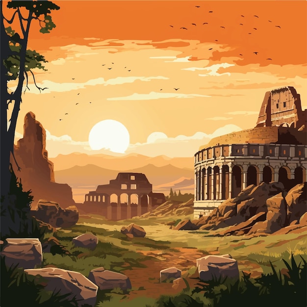Vetor paisagem da antiga cidade de atenas com fundo de jogo de ruínas e árvores