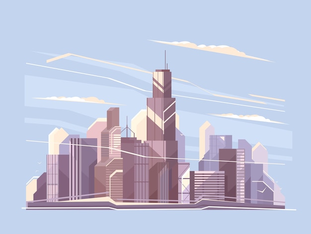 Paisagem da cidade com arranha-céus. Panorama do distrito financeiro. ilustração plana