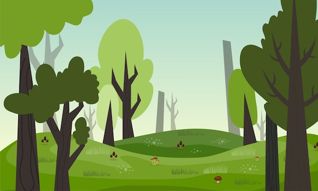 Vetor paisagem da floresta com árvores e grama. ilustração vetorial em estilo simples.