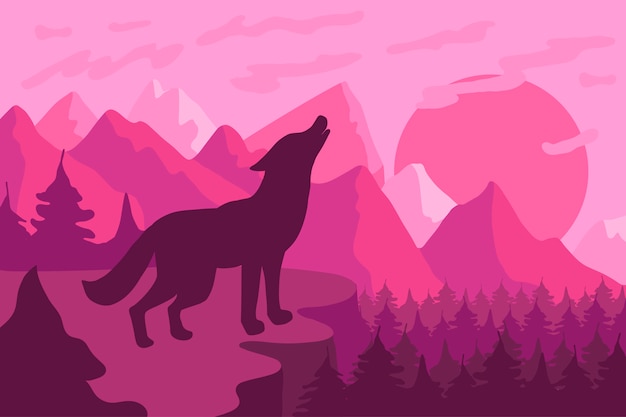 Paisagem da floresta com ilustração em vetor plana lobo