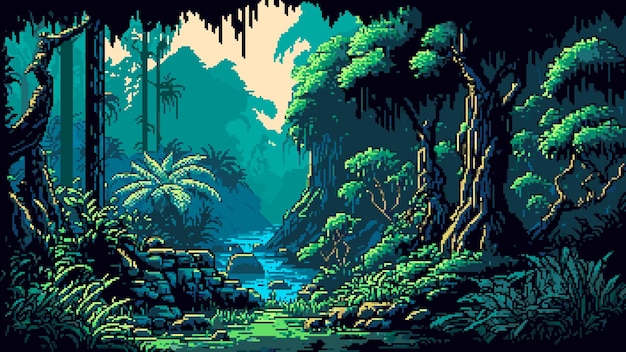 Paisagem da floresta da selva em ai gerou pixel de 8 bits para vetor de fundo da cena do jogo floresta tropical amazônica ou floresta da selva brasileira com palmeiras e lianas em desenhos animados pixel de 8 bits para jogo de arcade