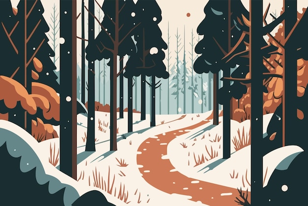 Vetor paisagem da floresta de inverno com ilustração vetorial de estrada e árvores em estilo simples