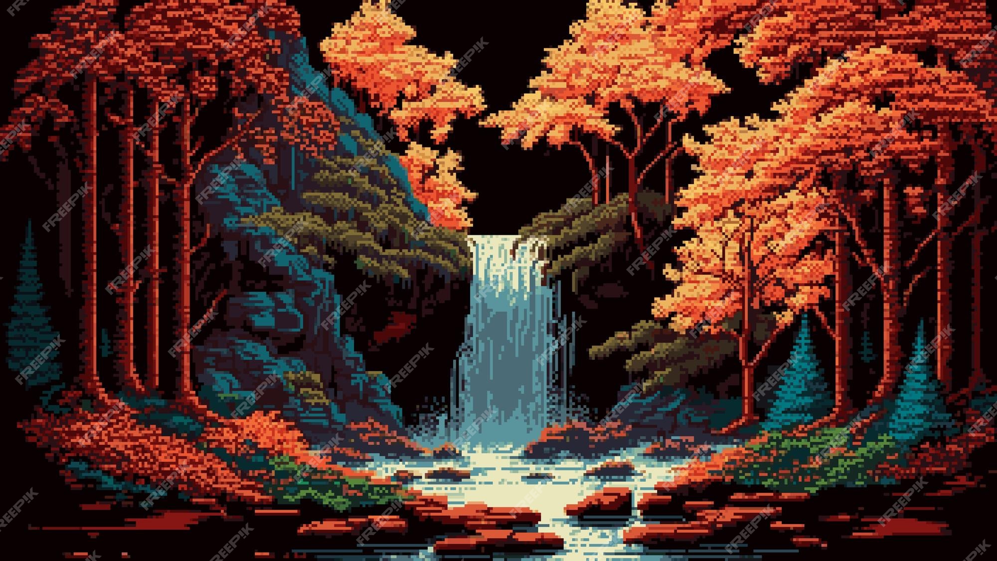 Paisagem de nível de jogo de pixel de 8 bits da floresta da selva