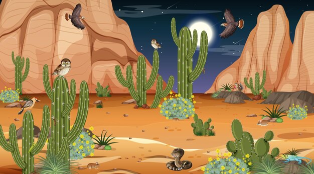 Paisagem da floresta do deserto à noite com animais e plantas do deserto