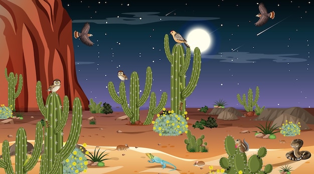 Paisagem da floresta do deserto à noite com animais e plantas do deserto