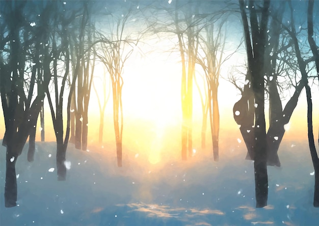 Vetor paisagem da floresta do solstício de inverno pintada à mão