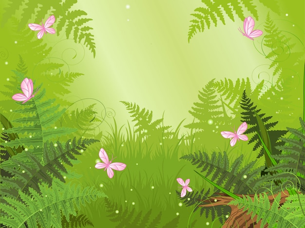 Vetor paisagem da floresta mágica com borboleta