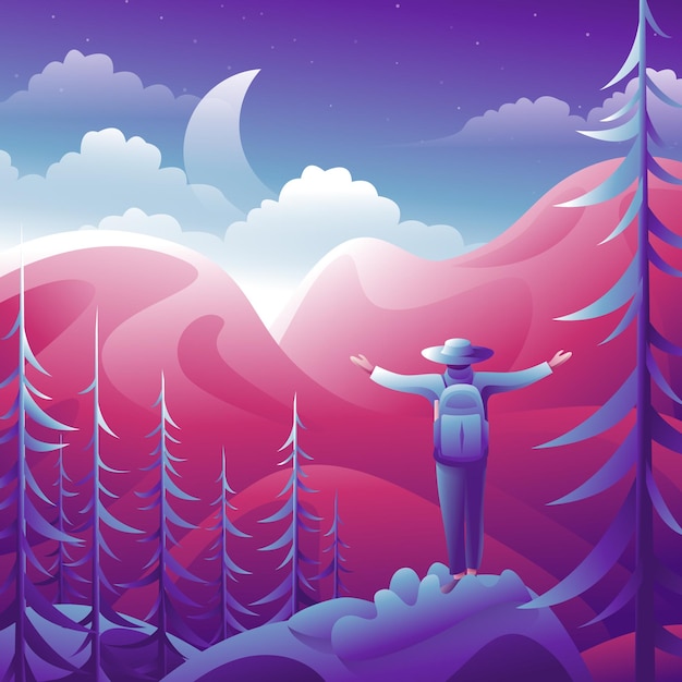Paisagem da natureza da montanha com aventureiro de mochileiros, árvores, grama, lua. ilustração da paisagem dos desenhos animados