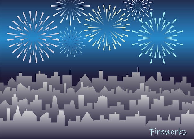 Paisagem da noite com fogos de artifício brilhantes skyline da cidade à noite com saudação vector fogos de artifício festivos sobre o fundo da silhueta da cidade ilustração da paisagem urbana de férias