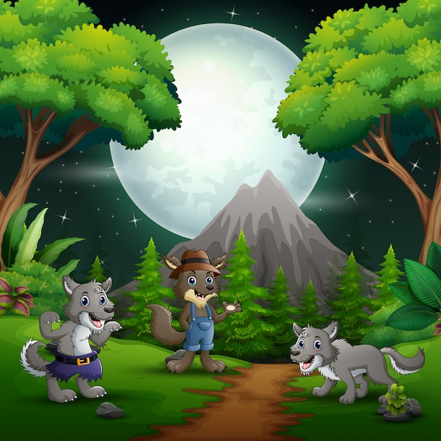 Paisagem da noite na floresta com três lobo